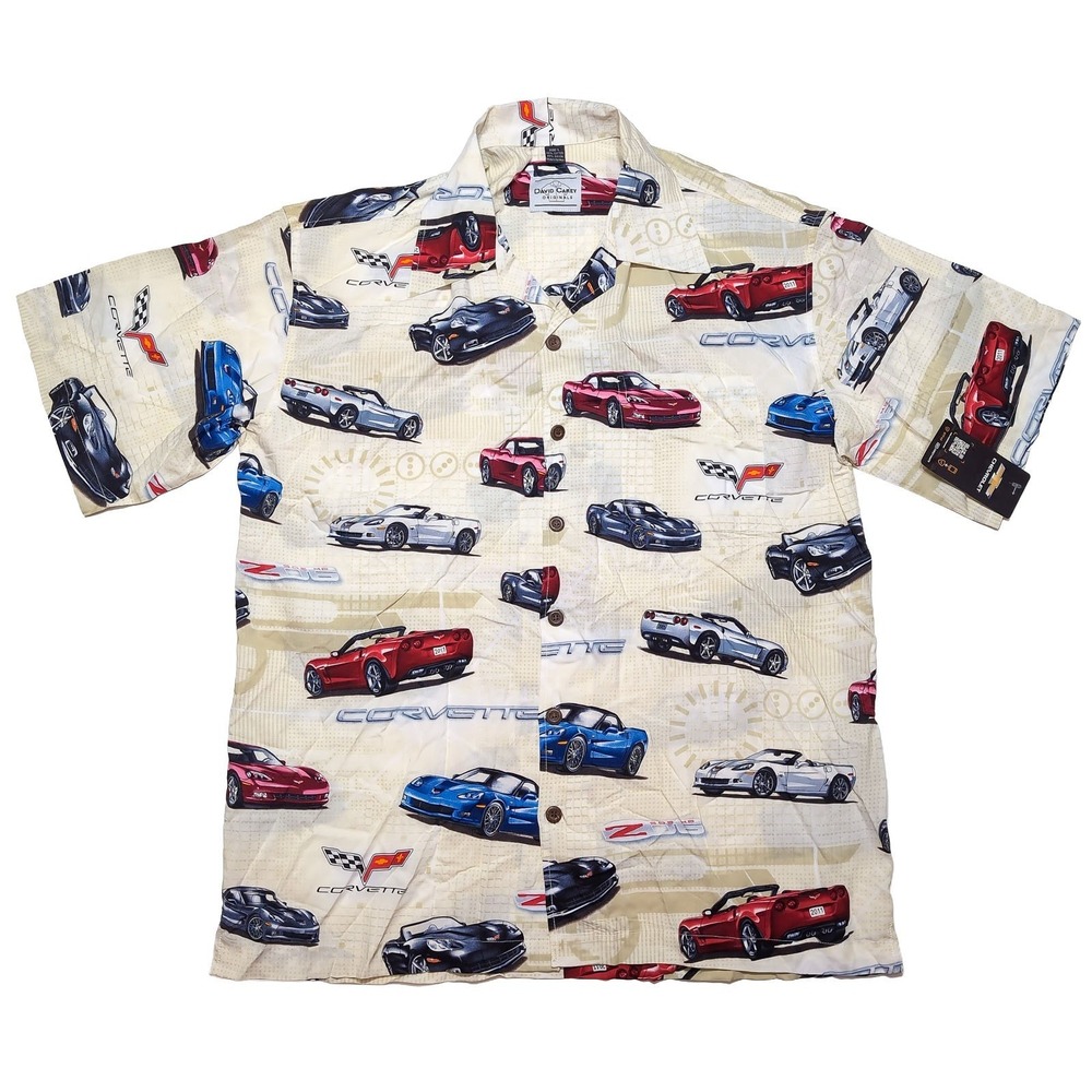 DAVID CAREY Hawaiian Shirt Chevrolet Corvette GM All Over Beige Large L ~ New